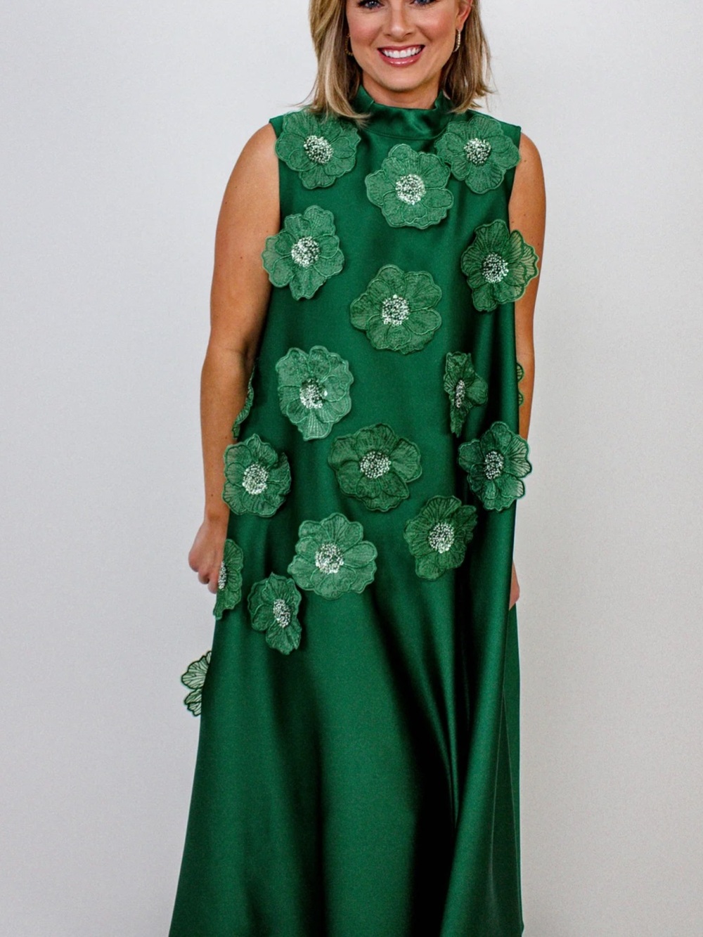 Green Floral Appliqué Sleeveless Maxi Dress